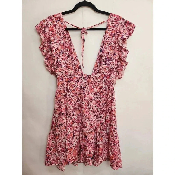 Stillwater The Jessie Mini Dress Floral Pink Purple Deep Plunge Size Medium. - Picture 4 of 8